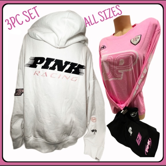 NEW VICTORIAS SECRET PINK 3PC SET HOODIE SHORTS SHIRT RACING THEME EMBROIDERED